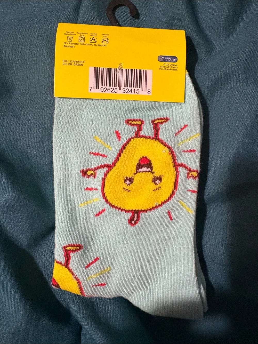 Crazy Socks - Women Novelty “Let that ‘Man-Go'”Crew Socks Light Blue & Yellow - Picture 2 of 2